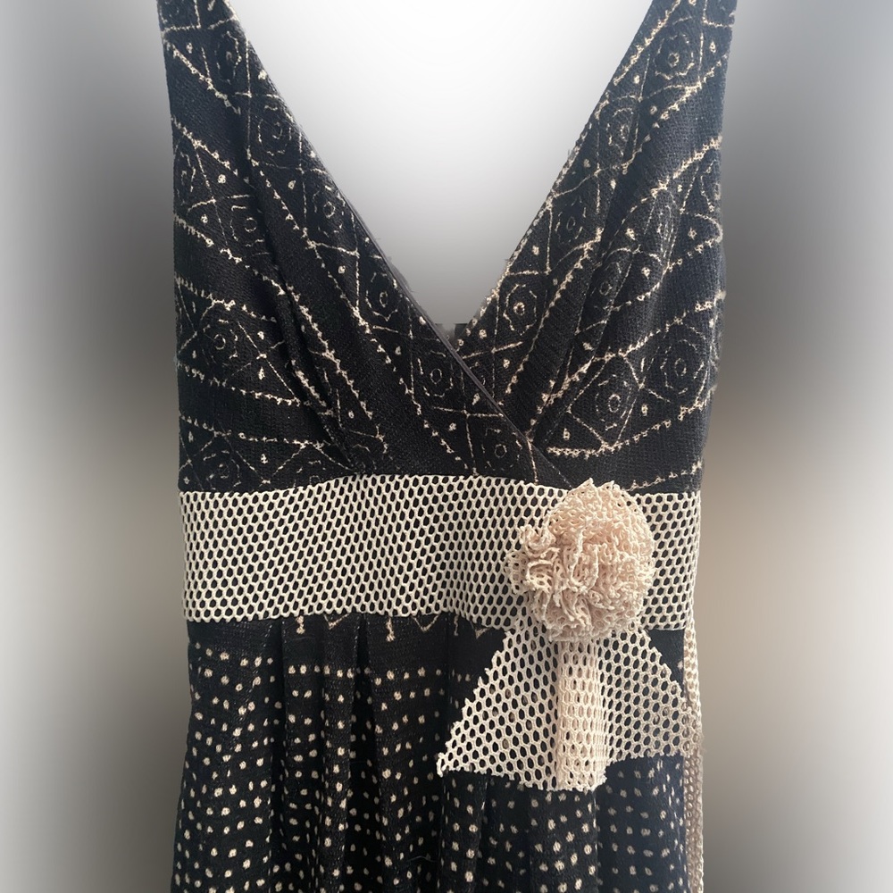 Eva Franco Dress w Empire waist Aline skirt w floral polka dot print in B&W